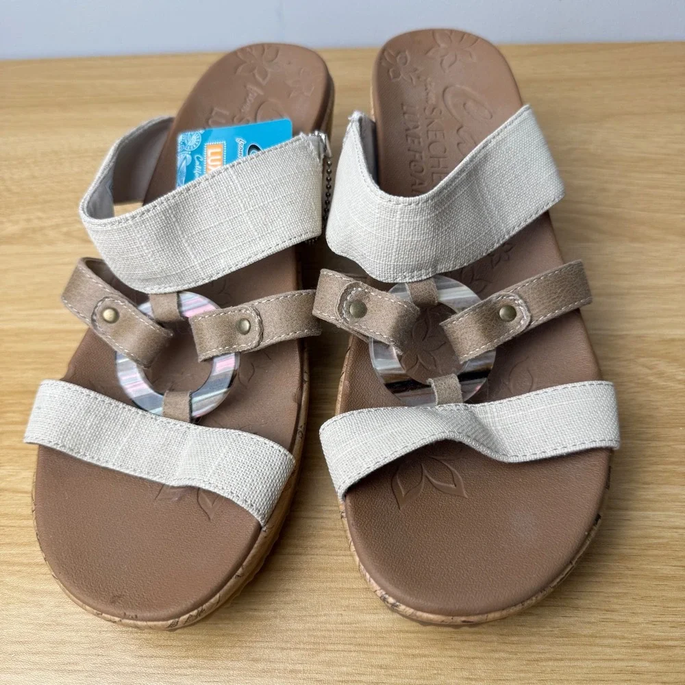 Skechers Womens Cali Wedge Sandals Size 9 Natural Cork Luxe Foam Beach Vacation